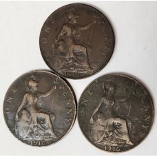 GREAT BRITAIN UK 1910 . ONE 1 PENNY . THREE 3 COINS